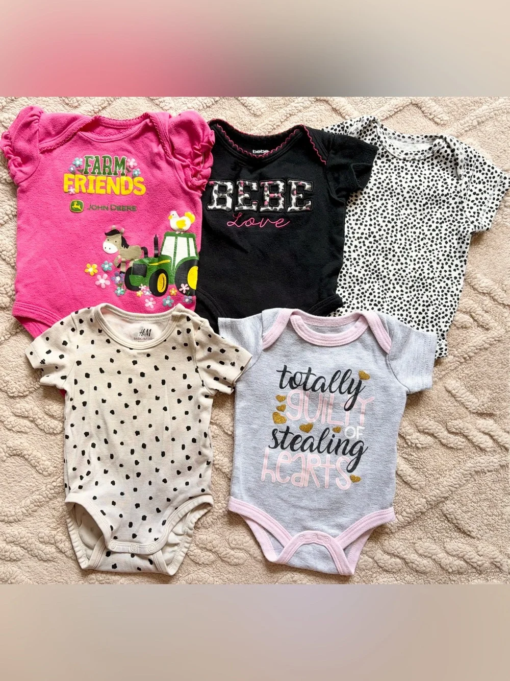 Baby Girl 3-6M Onesie Bundle - Short Sleeve Bodysuits Bebe John Deere, Lot Of 5